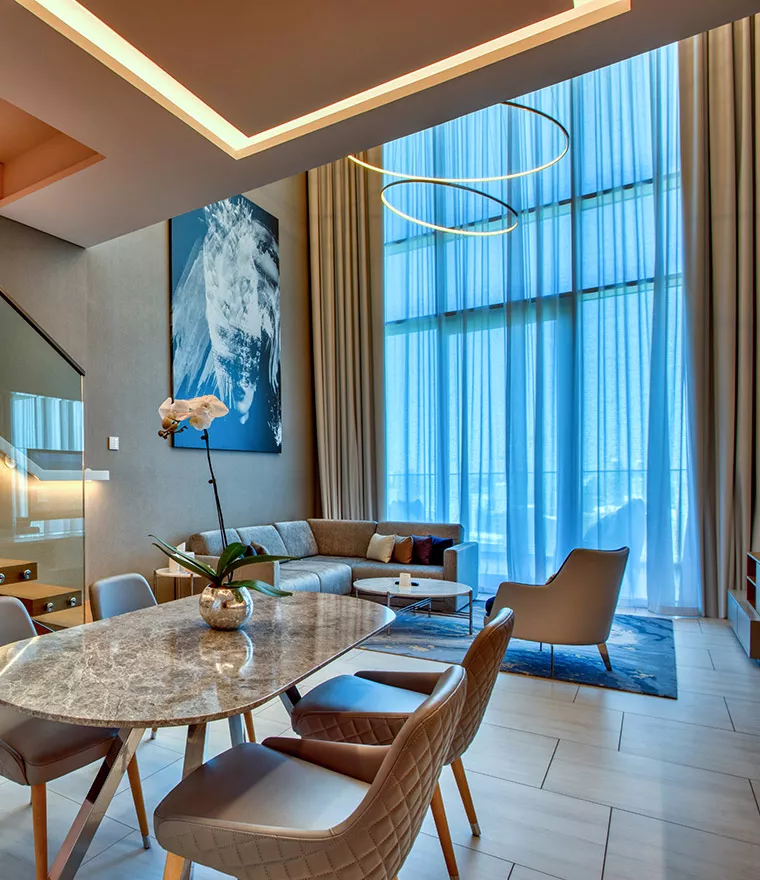 Motorized drapery track luxury penthouse